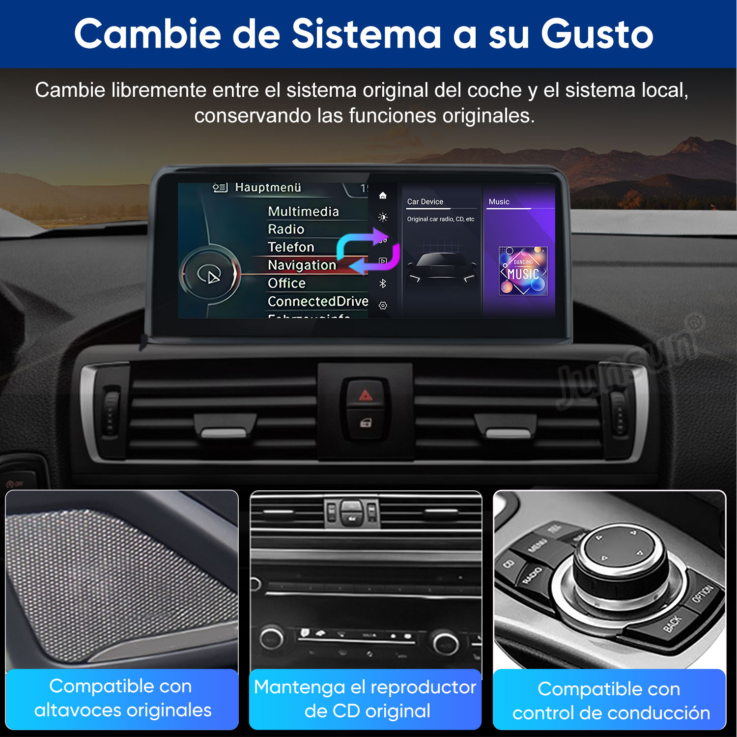 Panel del coche con pantalla multimedia, con opciones de radio, navegación y música. El texto indica compatibilidad con funciones originales.