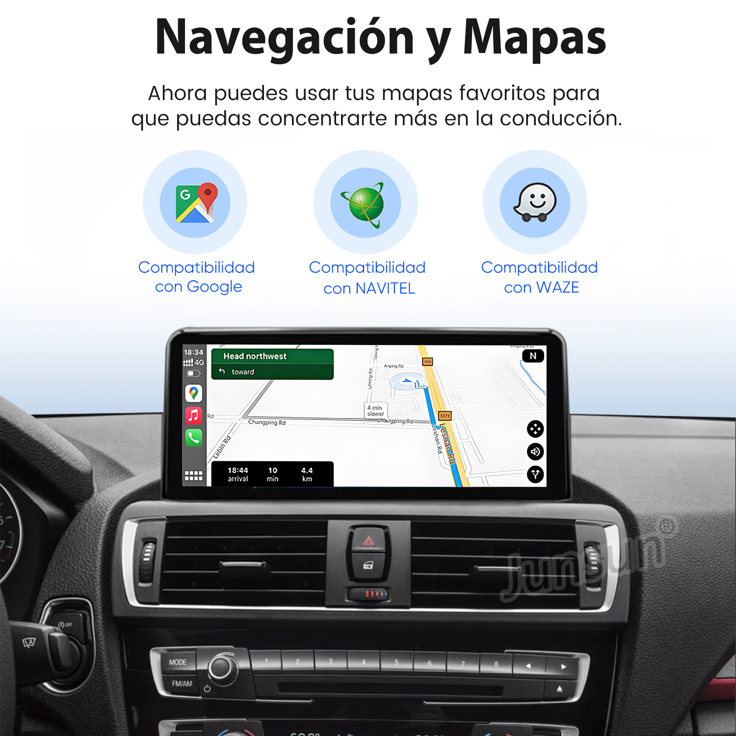 Panel de control del coche con pantalla de navegación, con iconos de mapas para Google, NAVITEL y Waze. Texto en español, 'Navegación y Mapas'.