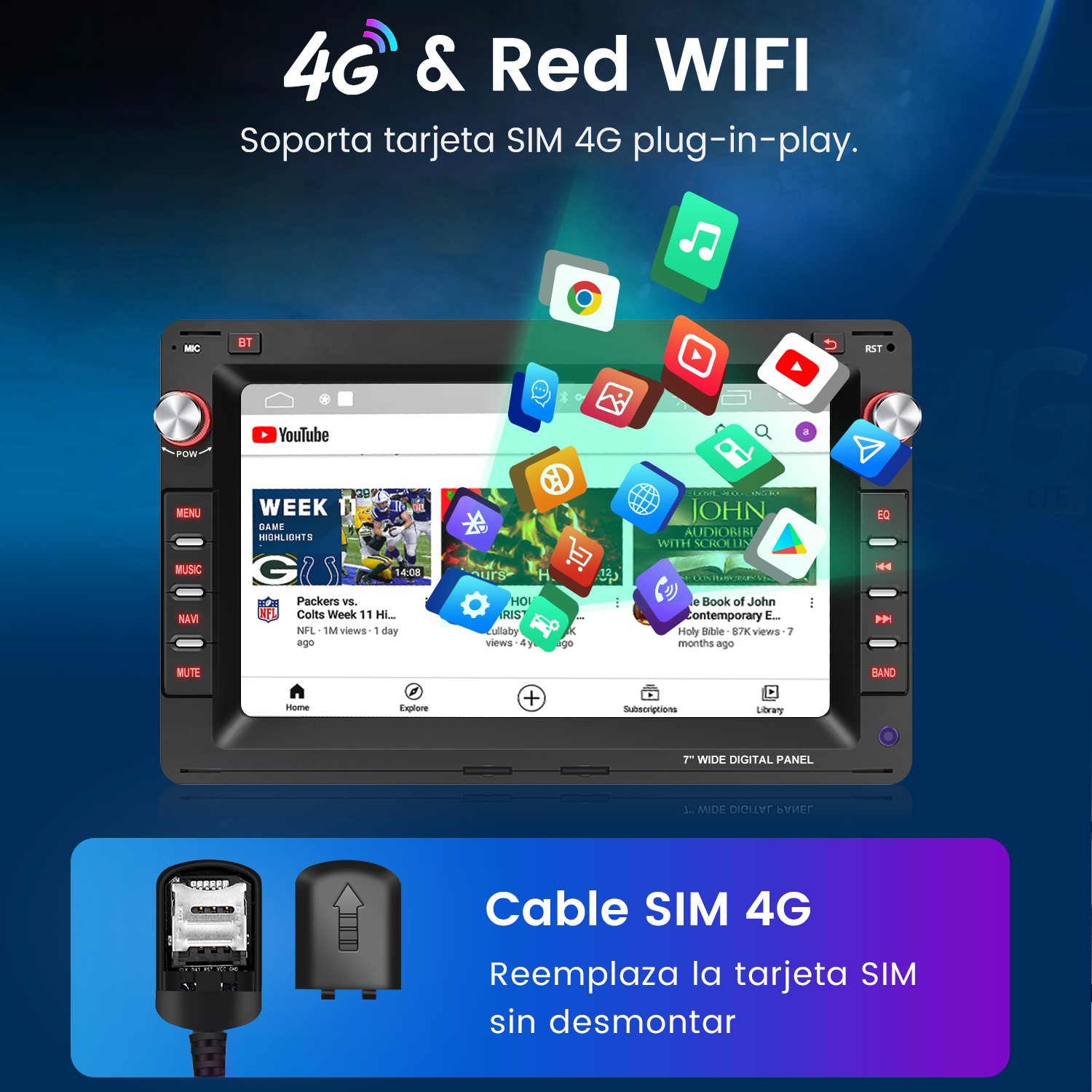 Autorradio con YouTube, aplicaciones y ranura SIM. Muestra una pantalla con contenido de video e íconos de aplicaciones. Hay iconos 4G y Wifi.