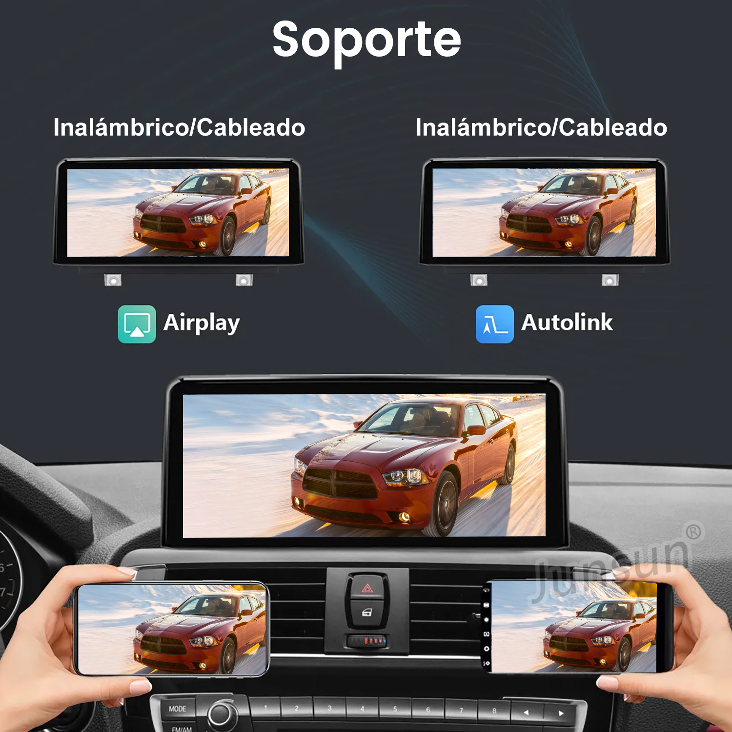 Panel del automóvil mostrando pantallas de automóviles con Airplay y Autolink. Teléfonos muestran imágenes de automóviles. Texto incluye 'Soporte' y 'Inalámbrico/Cableado'.