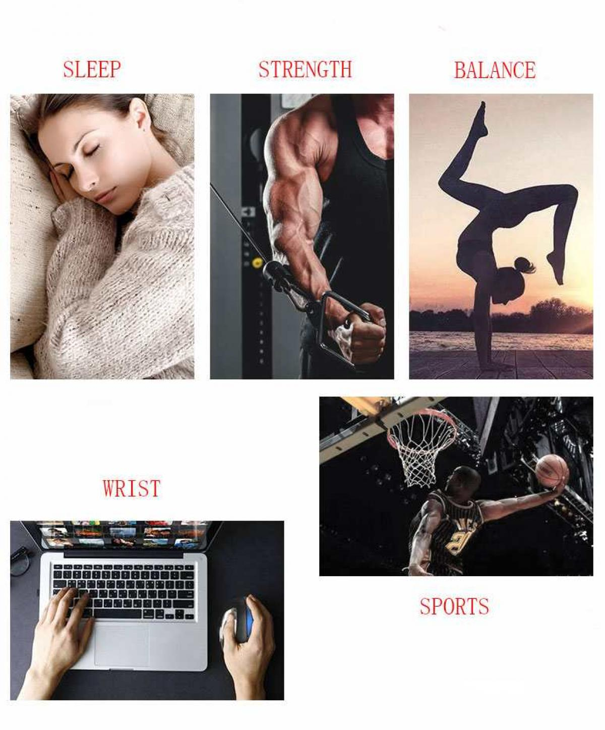 Eine Collage zeigt Schlaf, Kraft, Gleichgewicht, Handgelenk und Sport. Jedes Bild zeigt die jeweilige Aktivität oder das Konzept.