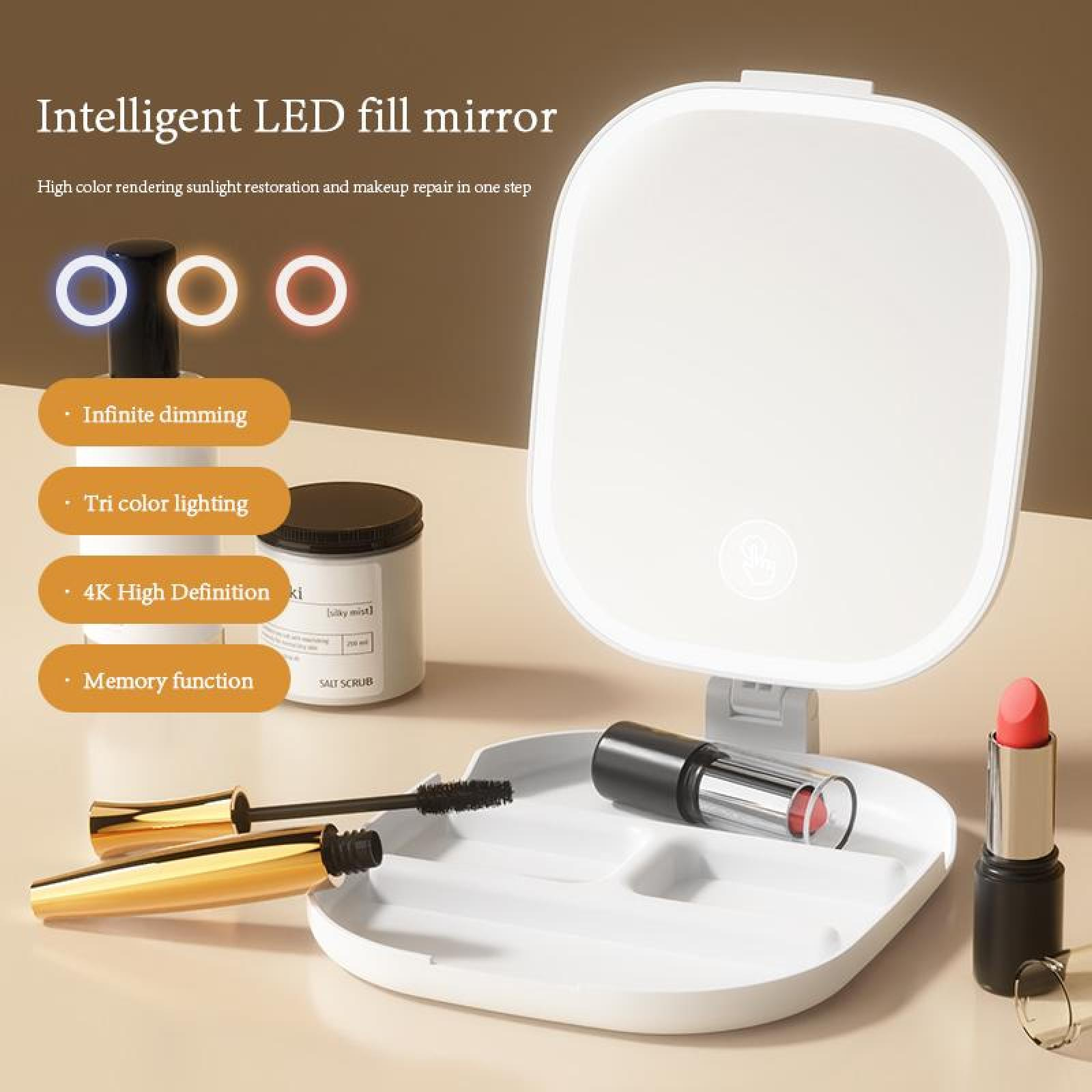 Ein weißer LED-Schminkspiegel mit Make-up-Produkten wie Lippenstift und Mascara auf einer weißen Ablage.