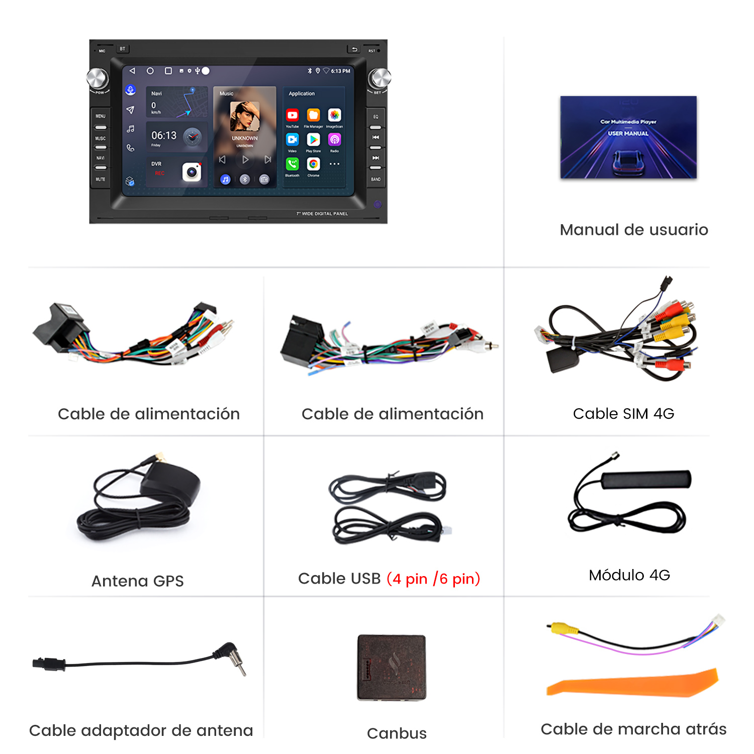 Reproductor multimedia para coche, manual de usuario, cables, antena GPS, cables USB, módulo 4G y otros accesorios.