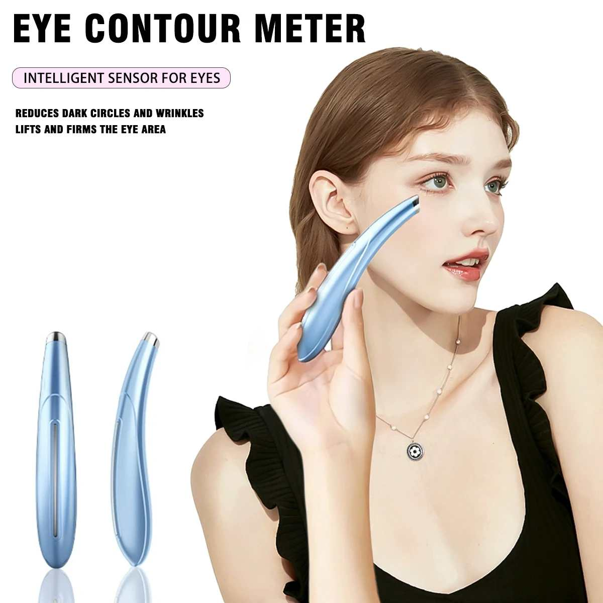 Eine Frau hält ein blaues Augenkonturmessgerät in der Nähe ihres Auges. Der Text lautet 'EYE CONTOUR METER' und erwähnt Vorteile.
