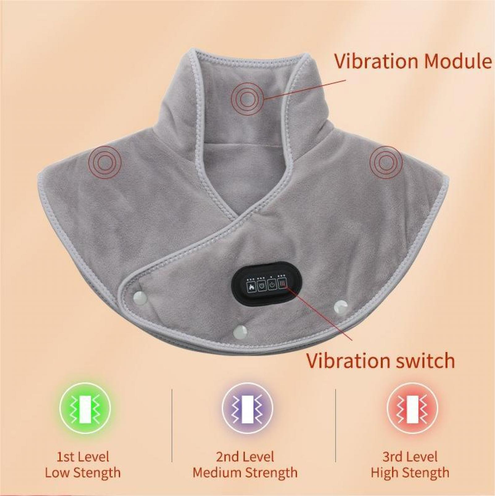 Ein graues Nackenmassagegerät mit Vibrationsmodulen und Schalter. Stufen: gering, mittel und stark.