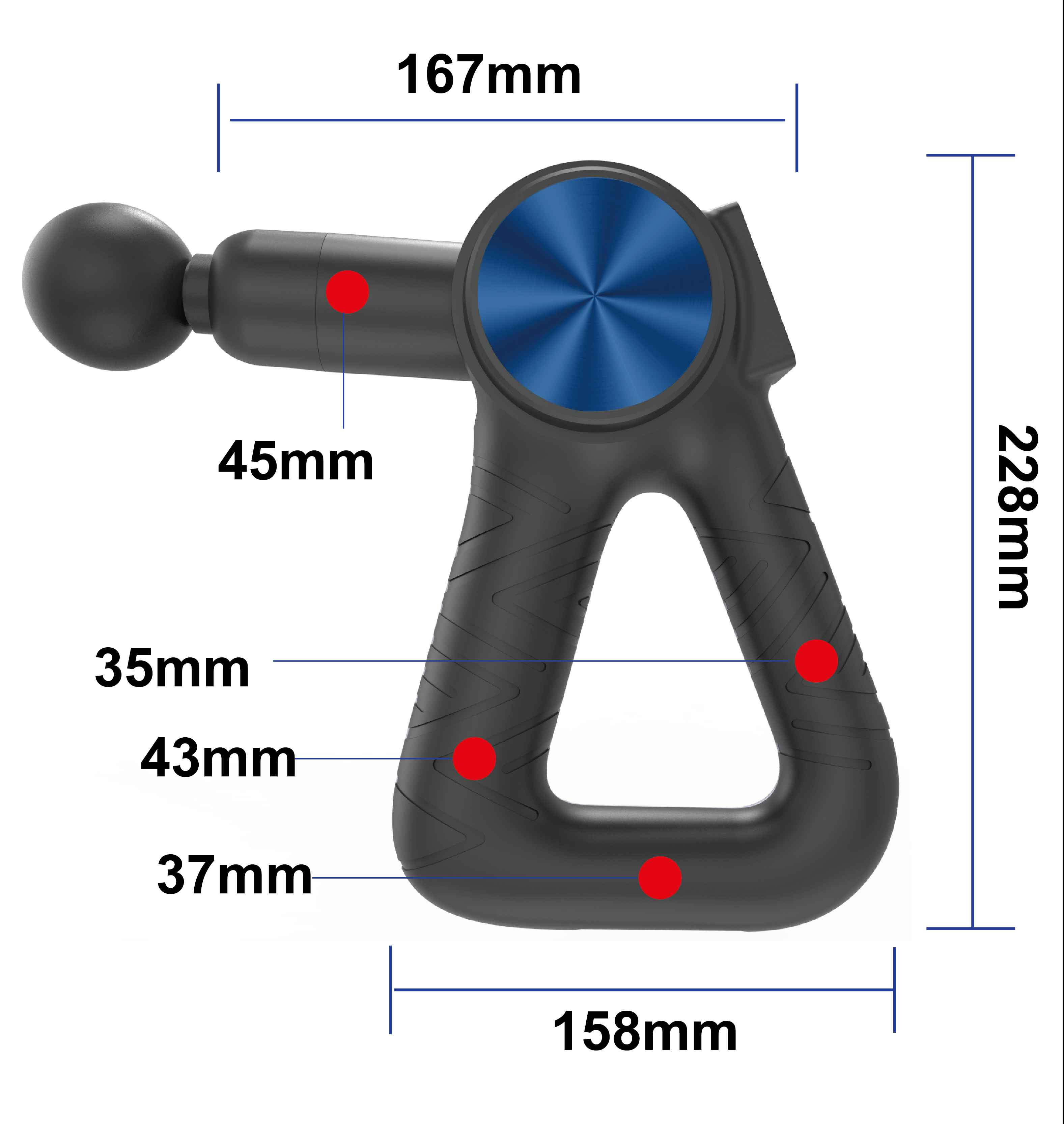 Schwarze Massagepistole mit blauem Mittelteil und Maßangaben. Maße sind 167 mm, 228 mm und 158 mm.