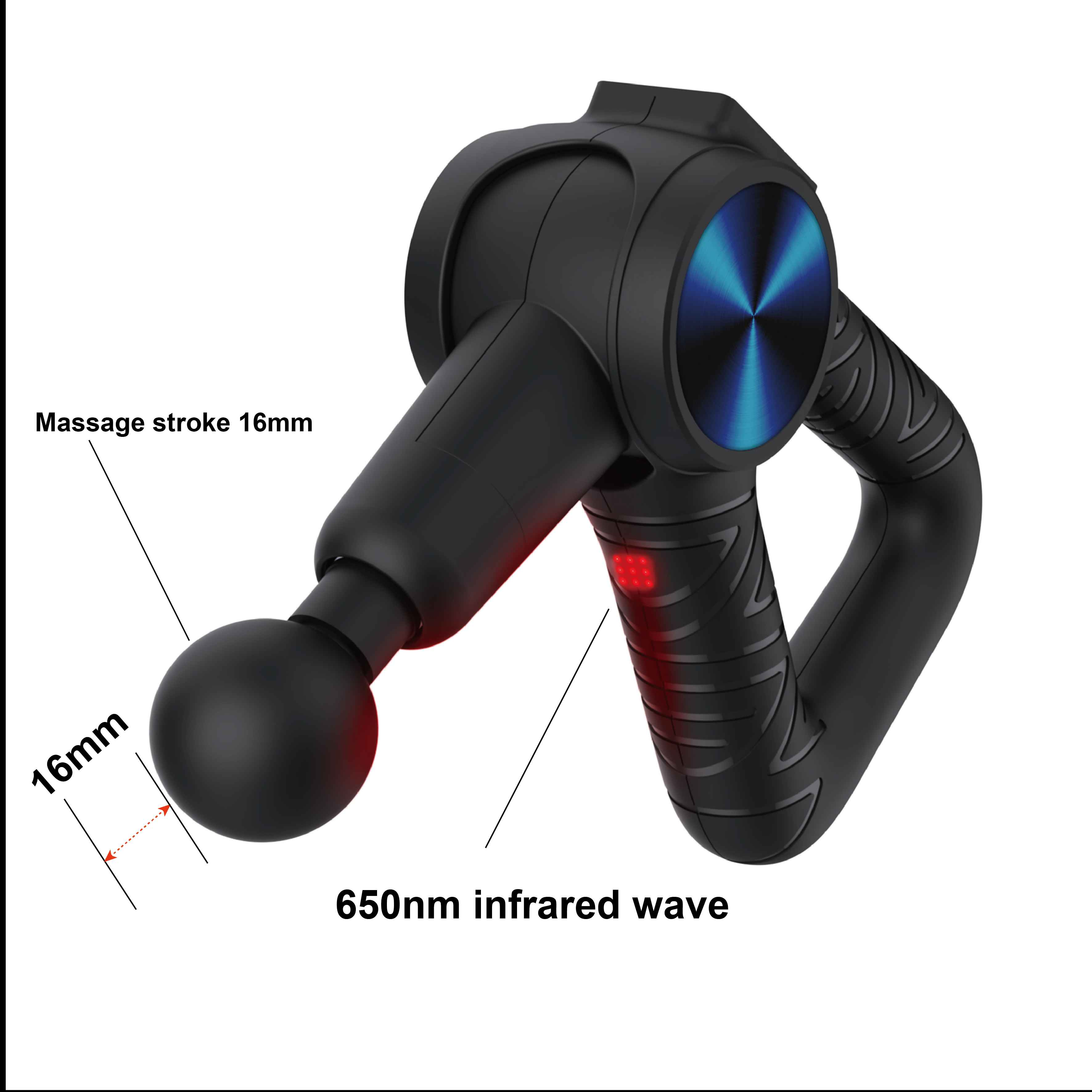 Schwarze Massagepistole mit rundem Kopf. Es hat ein rotes Licht und ein blaues kreisförmiges Design.