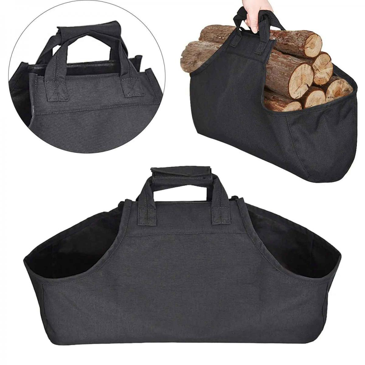 Eine schwarze Holzträgertasche mit zwei Griffen. Eine Nahaufnahme zeigt den oberen Griff, ein weiterer Abschnitt ist mit Holz gefüllt.