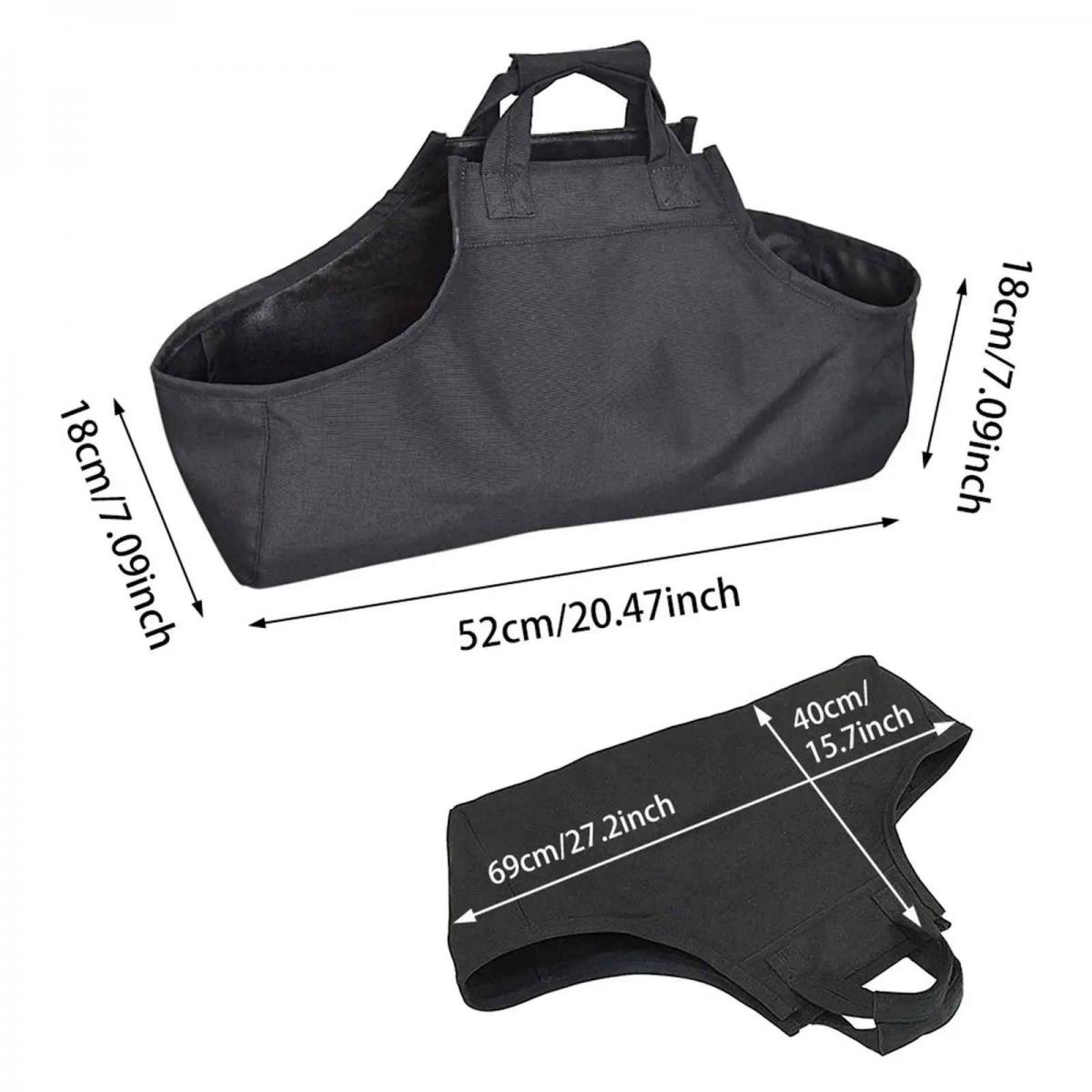 Schwarze Stofftasche mit Griffen. Abmessungen sind beschriftet: 52 cm, 18 cm, 69 cm, 40 cm. Eine kleinere Einsatztasche ist ebenfalls vorhanden.