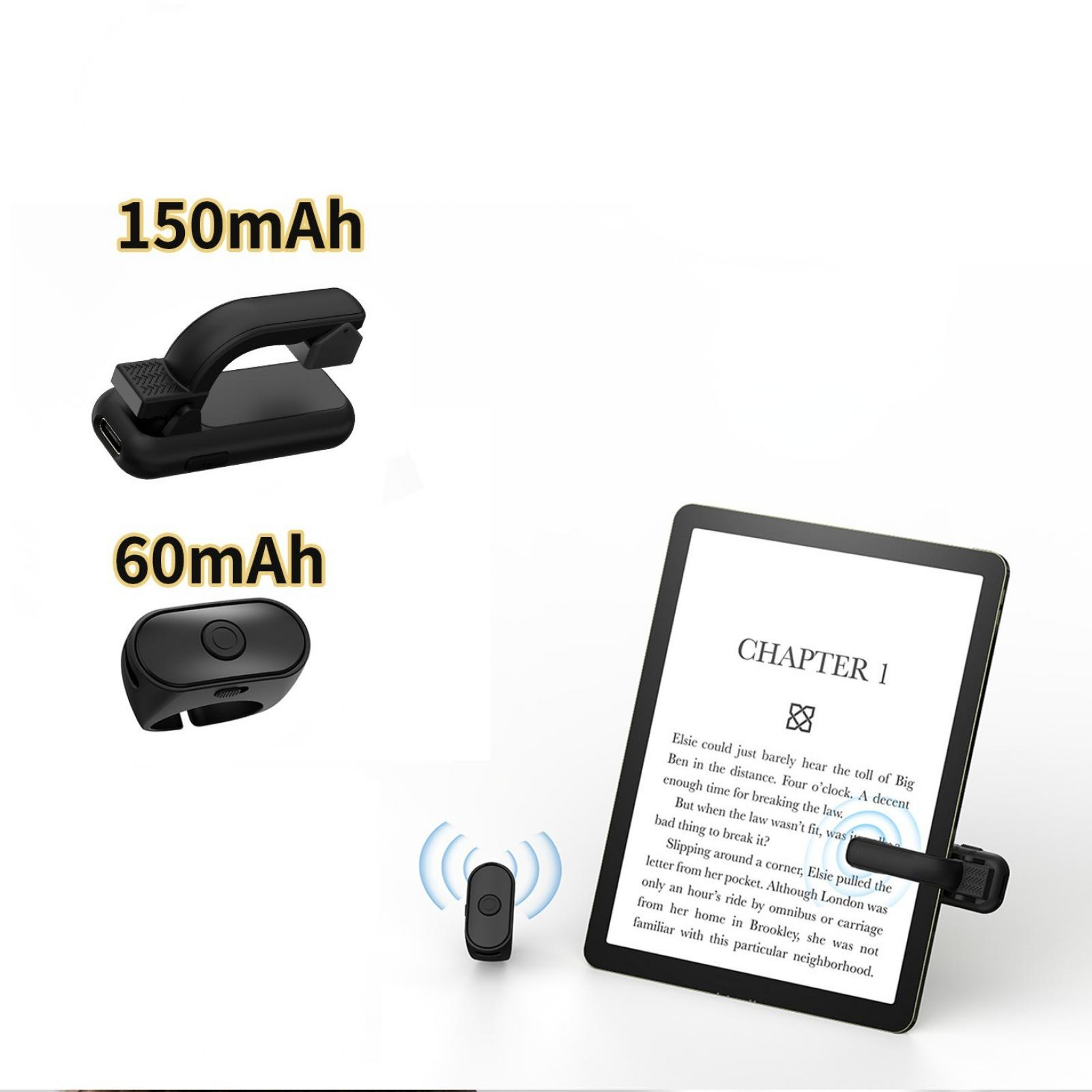 Das Bild zeigt einen schwarzen E-Reader mit Clip, zwei schwarzen Knopfteilen und den Texten 150mAh und 60mAh.