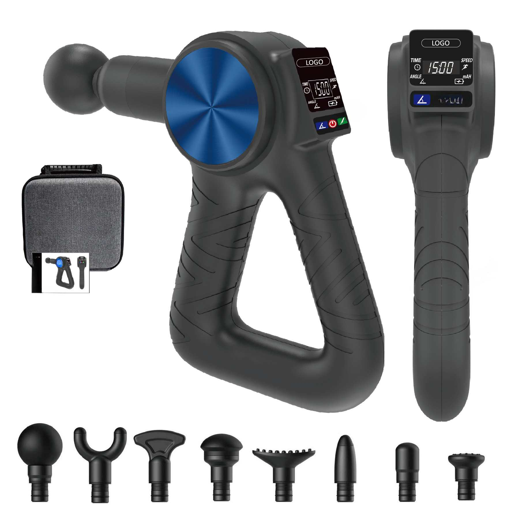 Das Bild zeigt eine schwarze Massagepistole mit blauen Akzenten, mehreren Aufsätzen und einer Tragetasche.