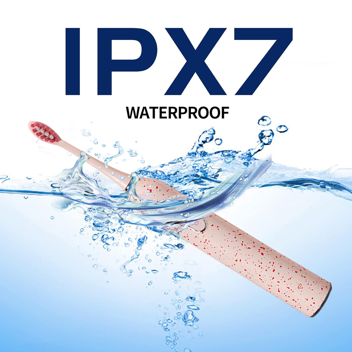 Eine rosa und weiß gesprenkelte elektrische Zahnbürste ist in Wasser getaucht, wobei Wasser um sie herum spritzt. Der Text 'IPX7 WATERPROOF' steht darüber.