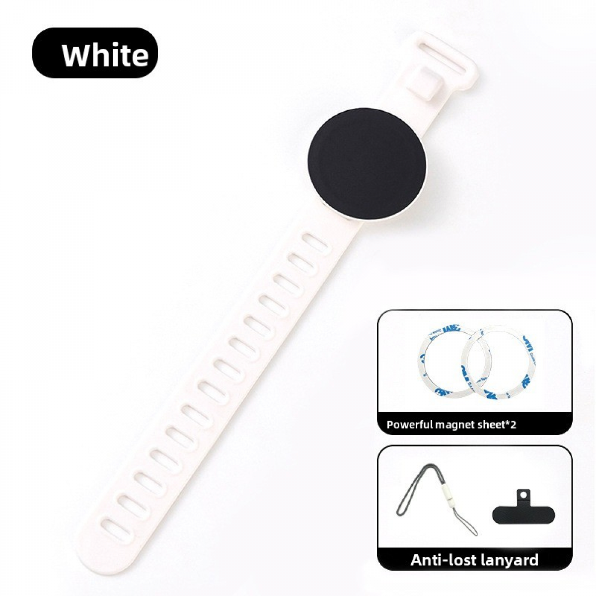 Ein weißes Armband mit einem schwarzen, kreisförmigen Magneten. Zwei Magnetfolien und ein Anti-Verlust-Lanyard sind unten gezeigt.