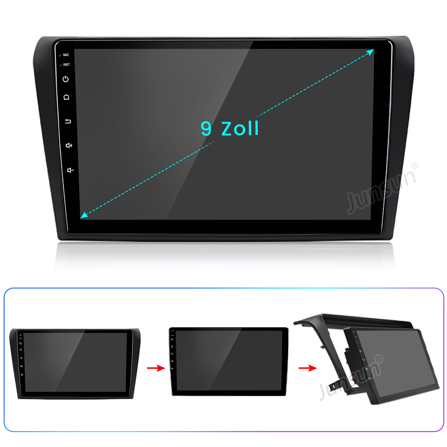 Ein Autoradio mit einem 9-Zoll-Bildschirm wird gezeigt. Das Autoradio ist schwarz, mit Touch-Tasten links und einer diagonalen Messung.