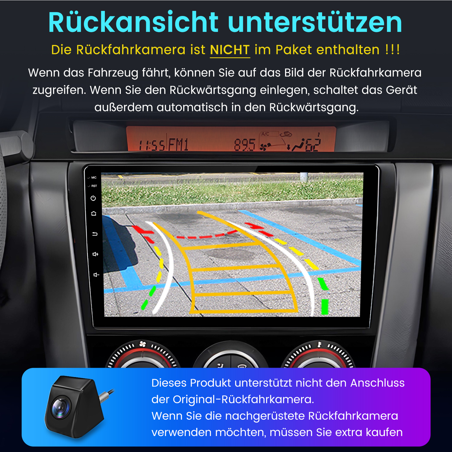 Auto-Armaturenbrett mit Rückfahrkamera, farbigen Linien, Uhrzeit und Radiofrequenz. Eine kleine Kamera ist ebenfalls sichtbar.
