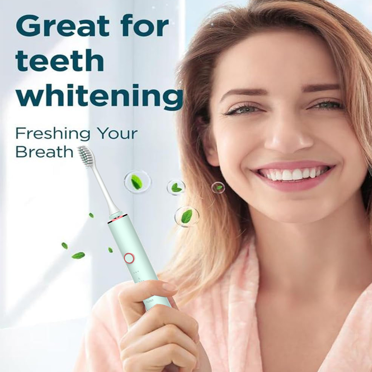 Eine lächelnde Frau hält eine Zahnbürste. Der Text lautet 'Great for teeth whitening' und 'Freshening Your Breath'. Grüne Blätter schweben.