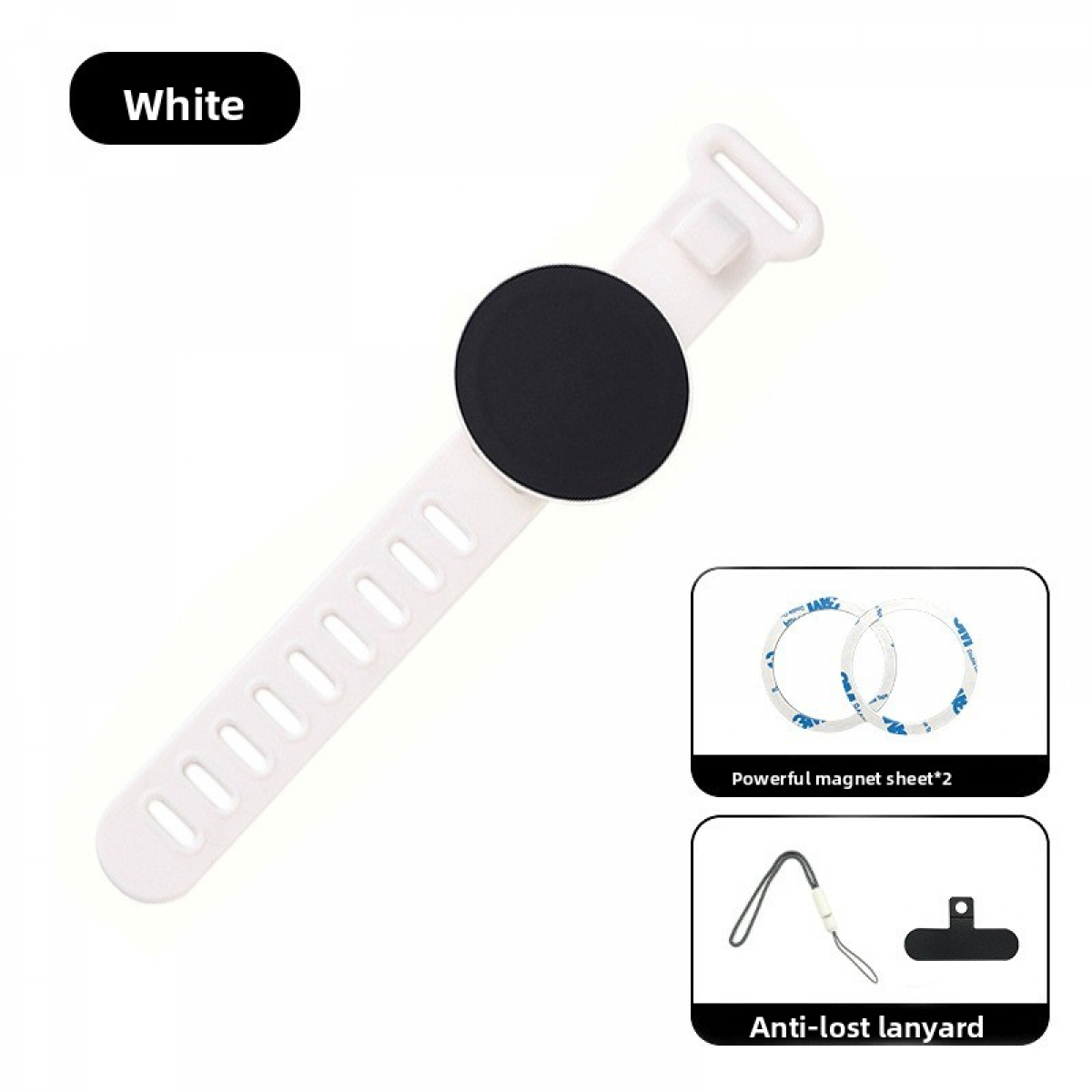 Weißes Armband mit schwarzem Kreis. Enthält Magnetfolien und Anti-Verlust-Schlüsselband.