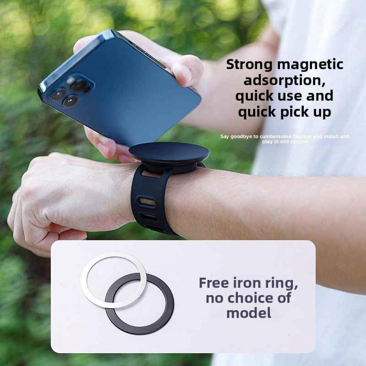 Eine Hand hält ein blaues Telefon über einer am Handgelenk befestigten Telefonhalterung. Der Text lautet 'Starke magnetische Adsorption'.