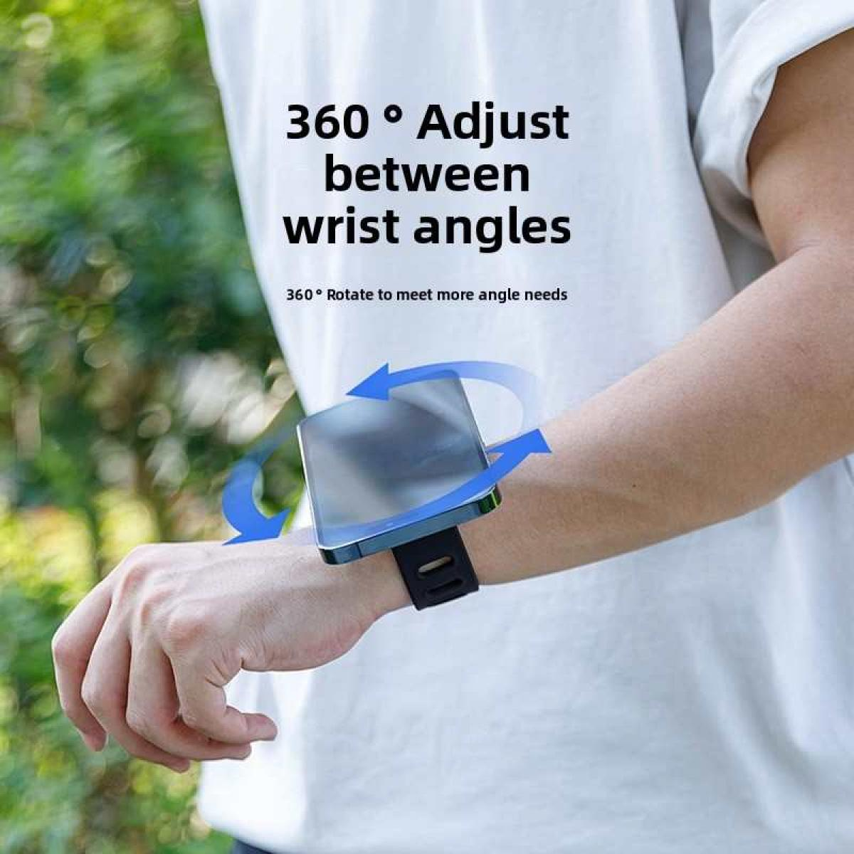 Eine Person, die ein am Handgelenk montiertes Gerät mit einem Telefon trägt. Blaue Pfeile zeigen die 360-Grad-Verstellbarkeit an.