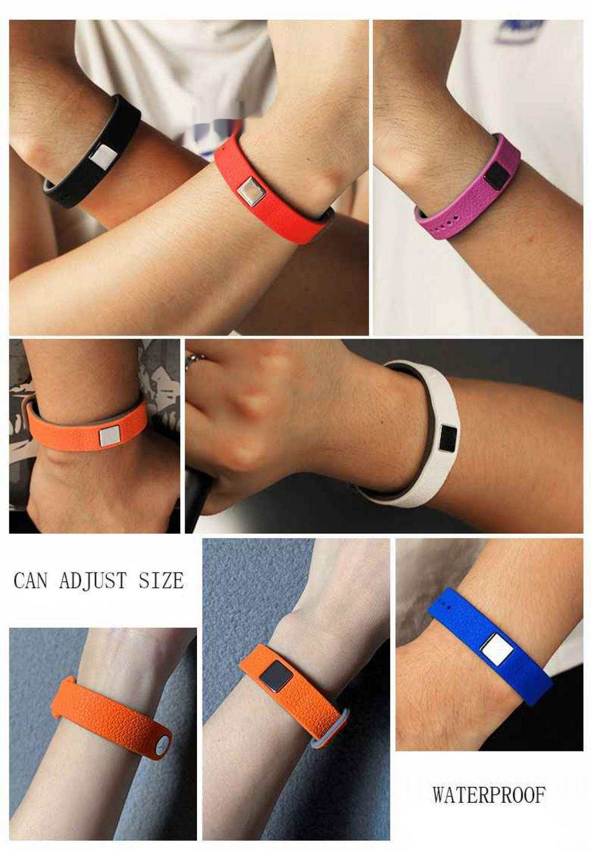 Eine Collage von Handgelenken mit Smartbands in verschiedenen Farben: Schwarz, Rot, Pink, Orange, Weiß und Blau. Text sagt: Größe anpassbar und wasserdicht.