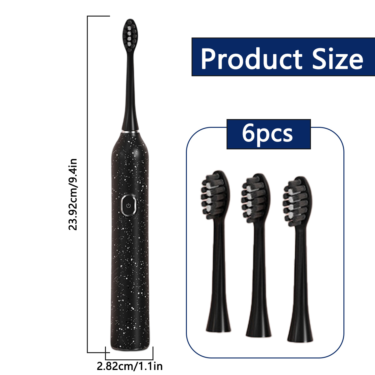 Schwarze elektrische Zahnbürste mit Ersatzköpfen. Produktgröße angegeben. Die Zahnbürste ist 23,92 cm/9,4 Zoll lang.