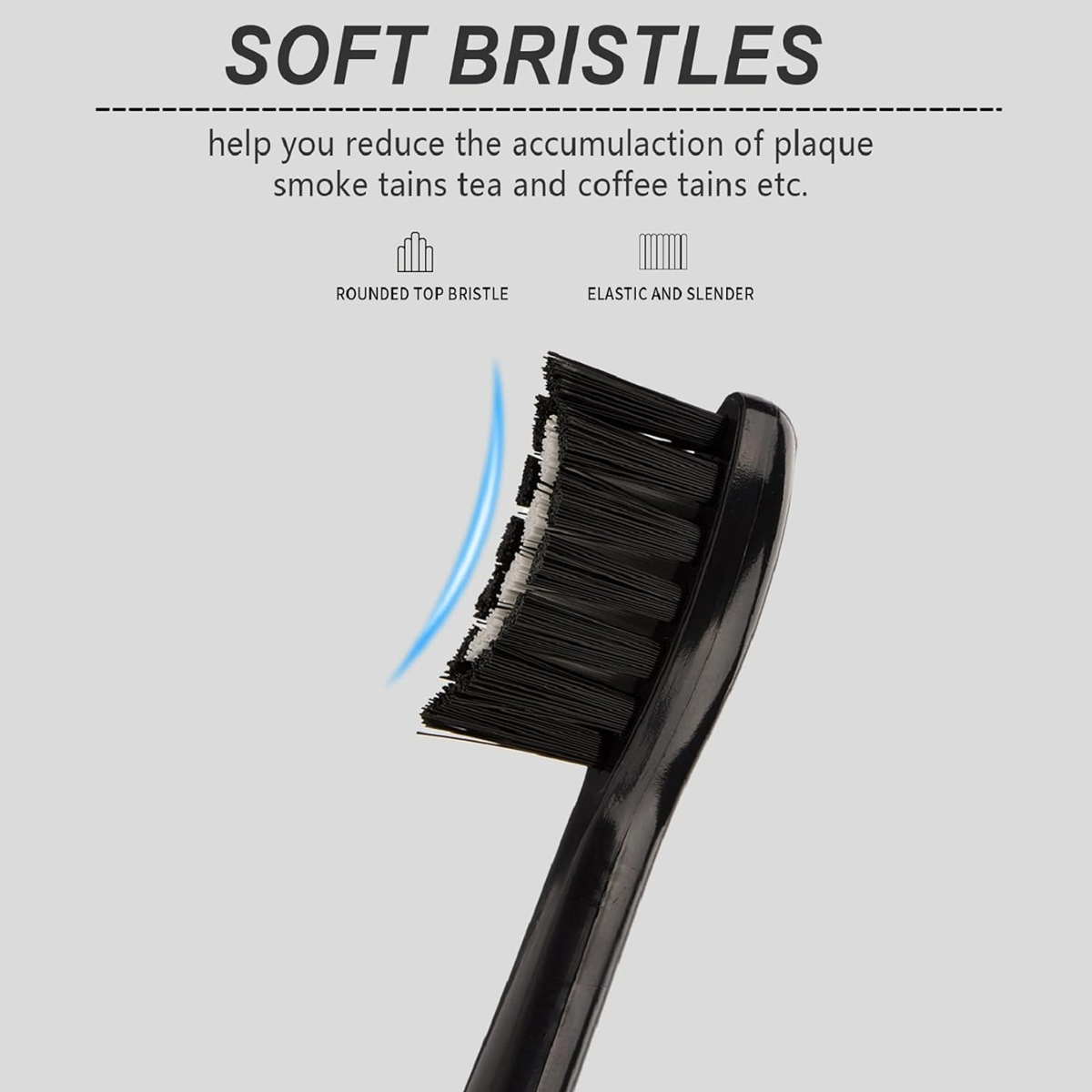 Nahaufnahme eines schwarzen Zahnbürstenkopfes mit weichen Borsten. Text sagt 'Soft Bristles' und 'Rounded Top Bristle'.