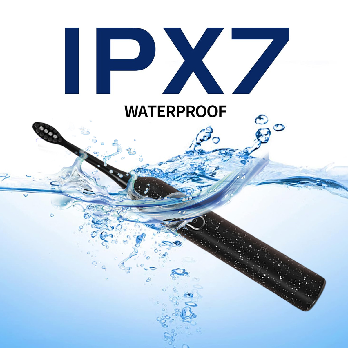 Eine schwarze Zahnbürste in Wasser. Der Text oben lautet IPX7 WASSERDICHT. Die Zahnbürste ist schwarz mit weißen Punkten und Wasser spritzt.