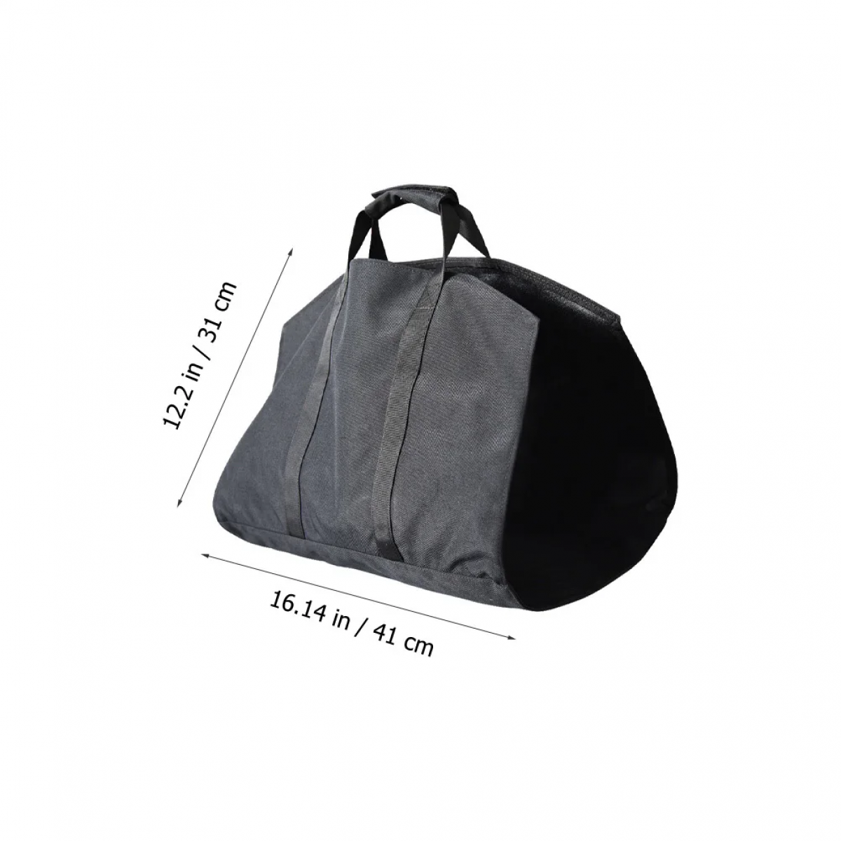 Eine graue Reisetasche mit Griff wird vor weißem Hintergrund gezeigt. Die Abmessungen betragen 12,2 Zoll / 31 cm und 16,14 Zoll / 41 cm.