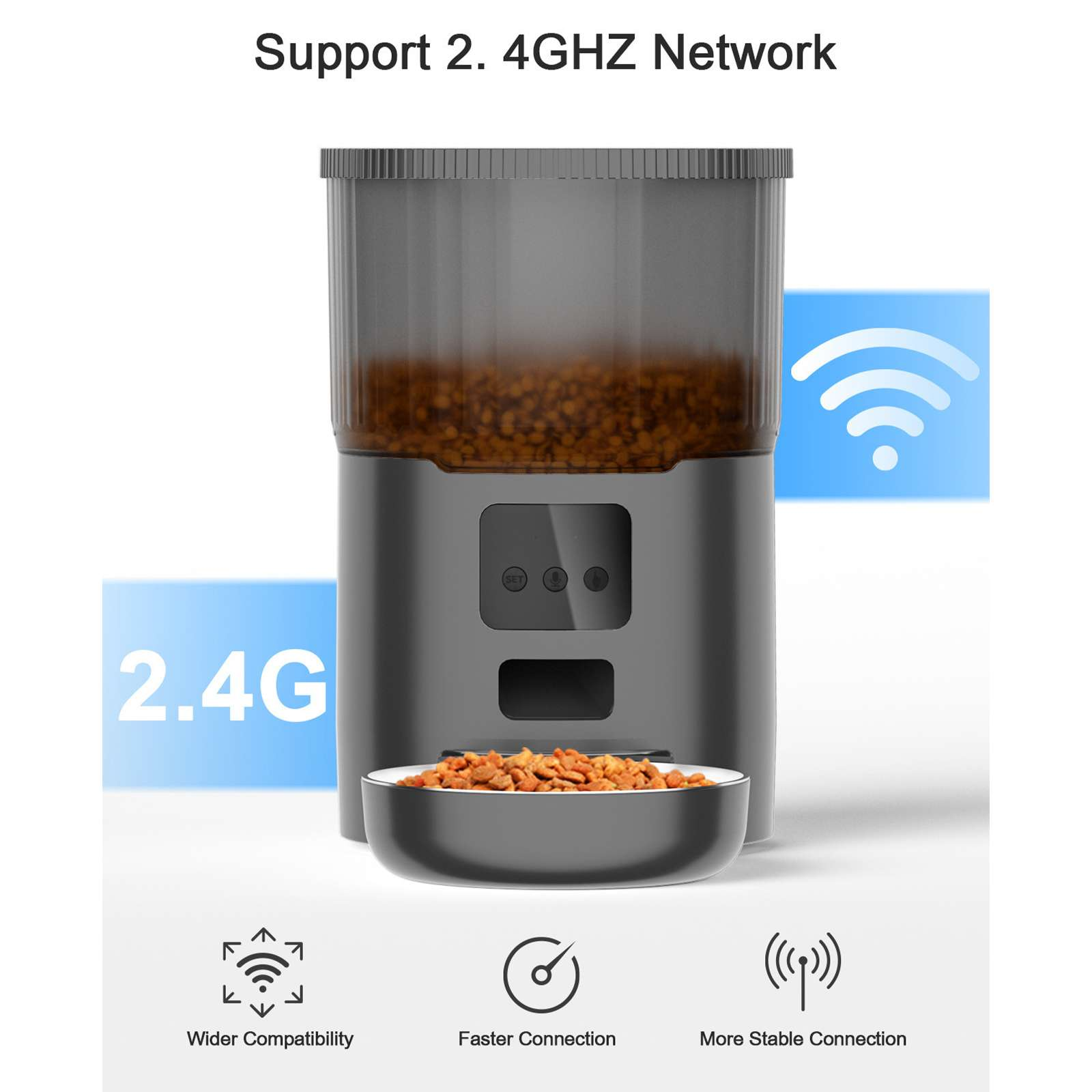 Ein grauer Haustierfutterautomat mit Futter. Er hat unten eine Schüssel und ein Wi-Fi-Symbol. Der Text lautet: Unterstützt 2,4 GHz Netzwerk.