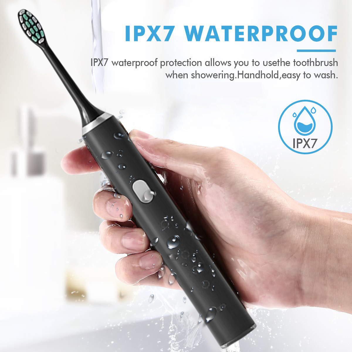Eine Hand hält eine schwarze elektrische Zahnbürste unter Wasser. Der Text sagt IPX7 wasserdicht. Wassertropfen sind sichtbar.
