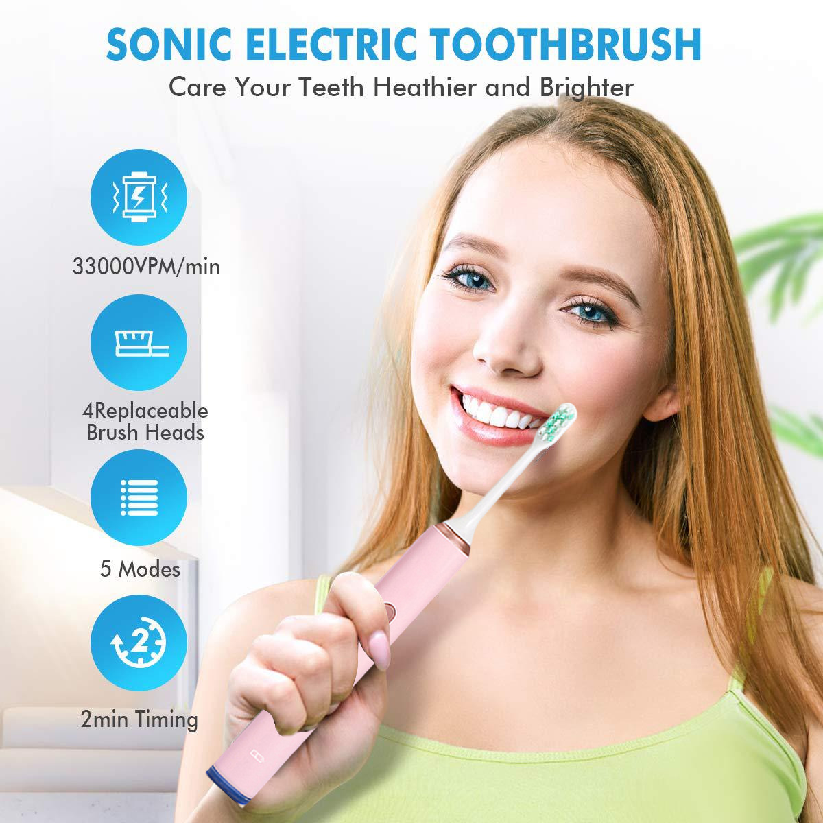 Eine lächelnde Frau hält eine rosa elektrische Zahnbürste. Text zeigt Funktionen: 33000 VPM, 4 Bürstenköpfe, 5 Modi und 2min Timer.