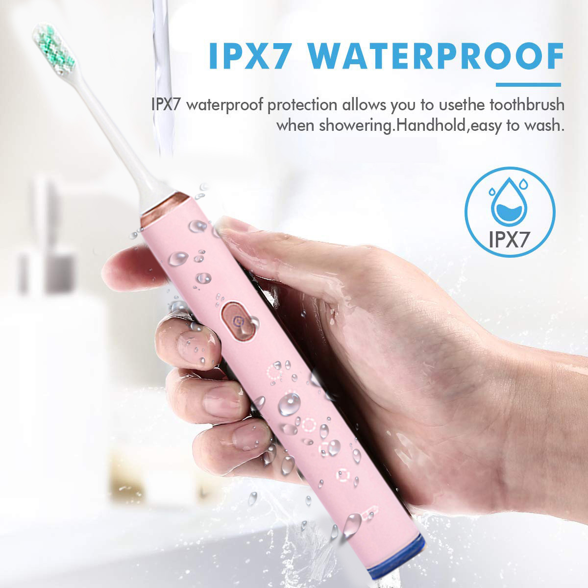 Eine Hand hält eine rosa elektrische Zahnbürste unter Wasser. Die Zahnbürste ist IPX7 wasserdicht. Der Hintergrund zeigt Wassertropfen.