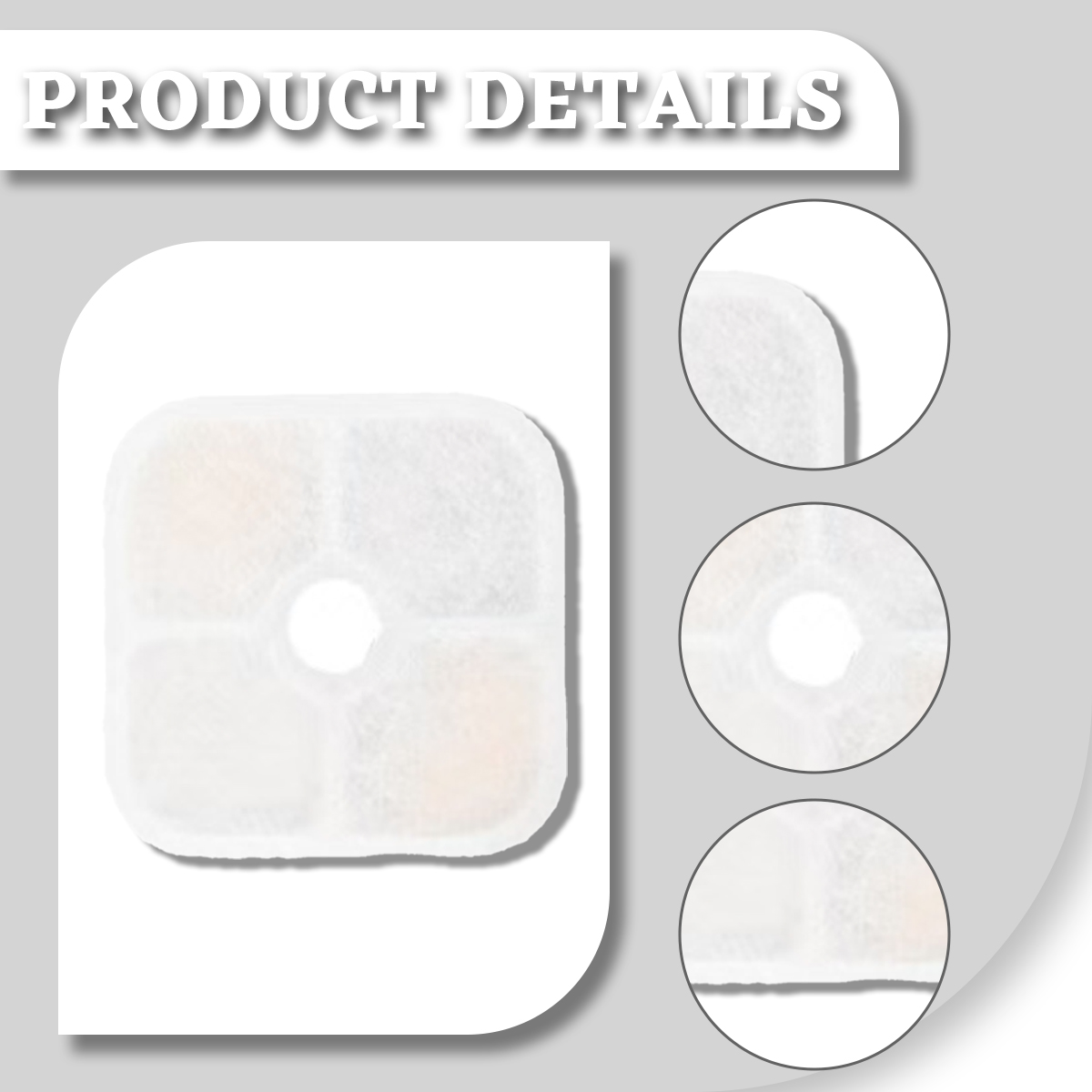 Das Bild zeigt einen weißen Filter mit einem zentralen Loch, umgeben von drei kreisförmigen Nahaufnahmen der Filterdetails und dem Text 'PRODUCT DETAILS'.