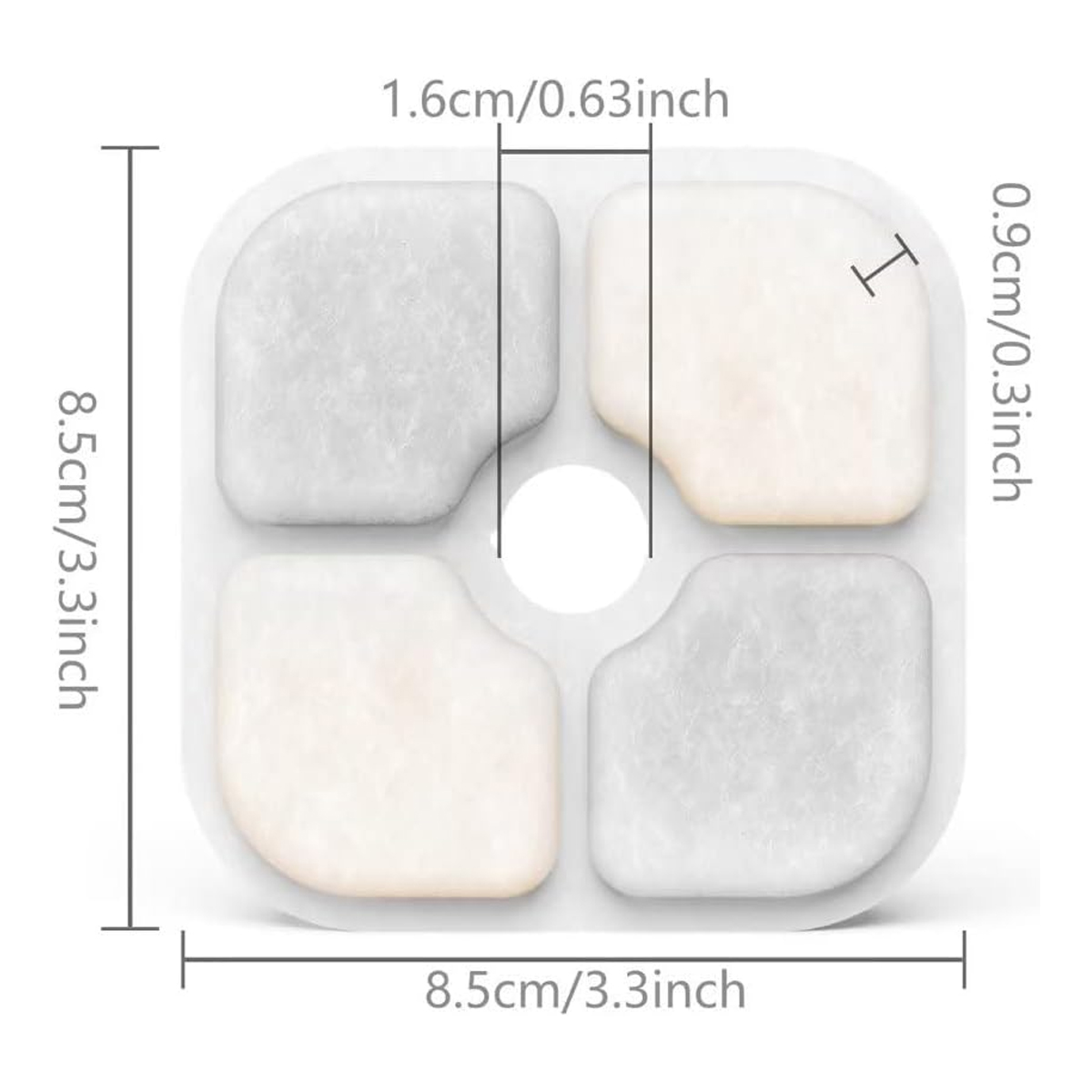 Quadratischer Filter mit vier Abschnitten, zwei hell, zwei grau, mit Maßangaben in cm und Zoll.