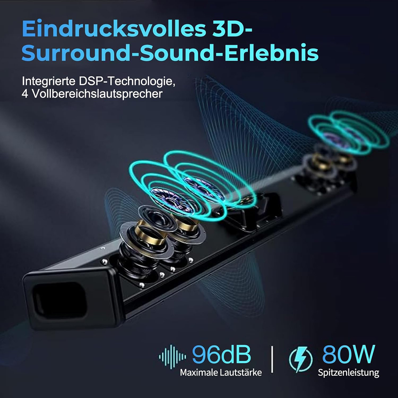 Une barre de son avec haut-parleurs et design bleu. Le texte comprend un son surround 3D, 96dB et 80W. Il présente un appareil audio.