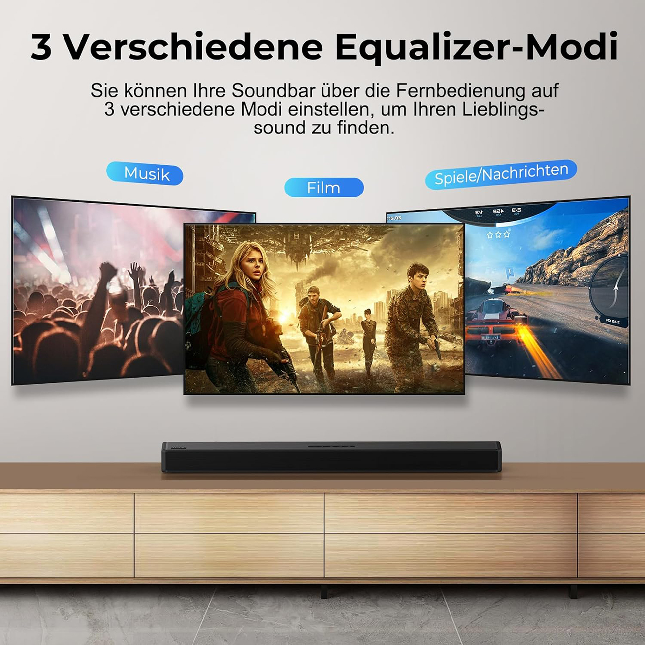 L'image montre une barre de son avec trois écrans de télévision affichant différents modes : musique, film et jeux. Meuble en bois en dessous.