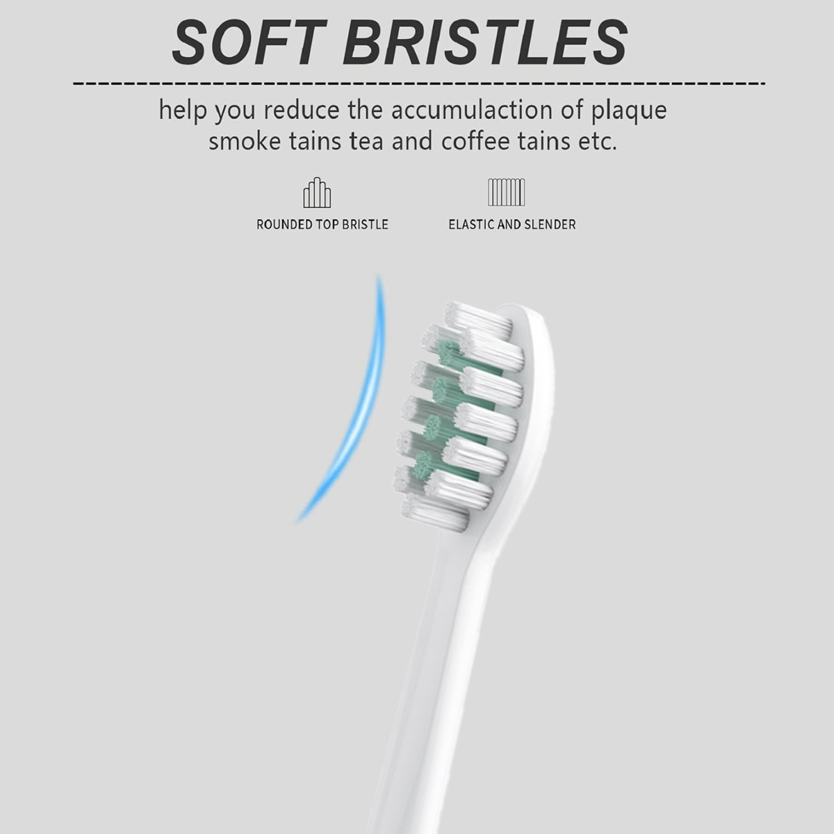 Nahaufnahme eines weißen Zahnbürstenkopfes mit weichen Borsten und grünen Spitzen, mit dem Text 'SOFT BRISTLES' oben.