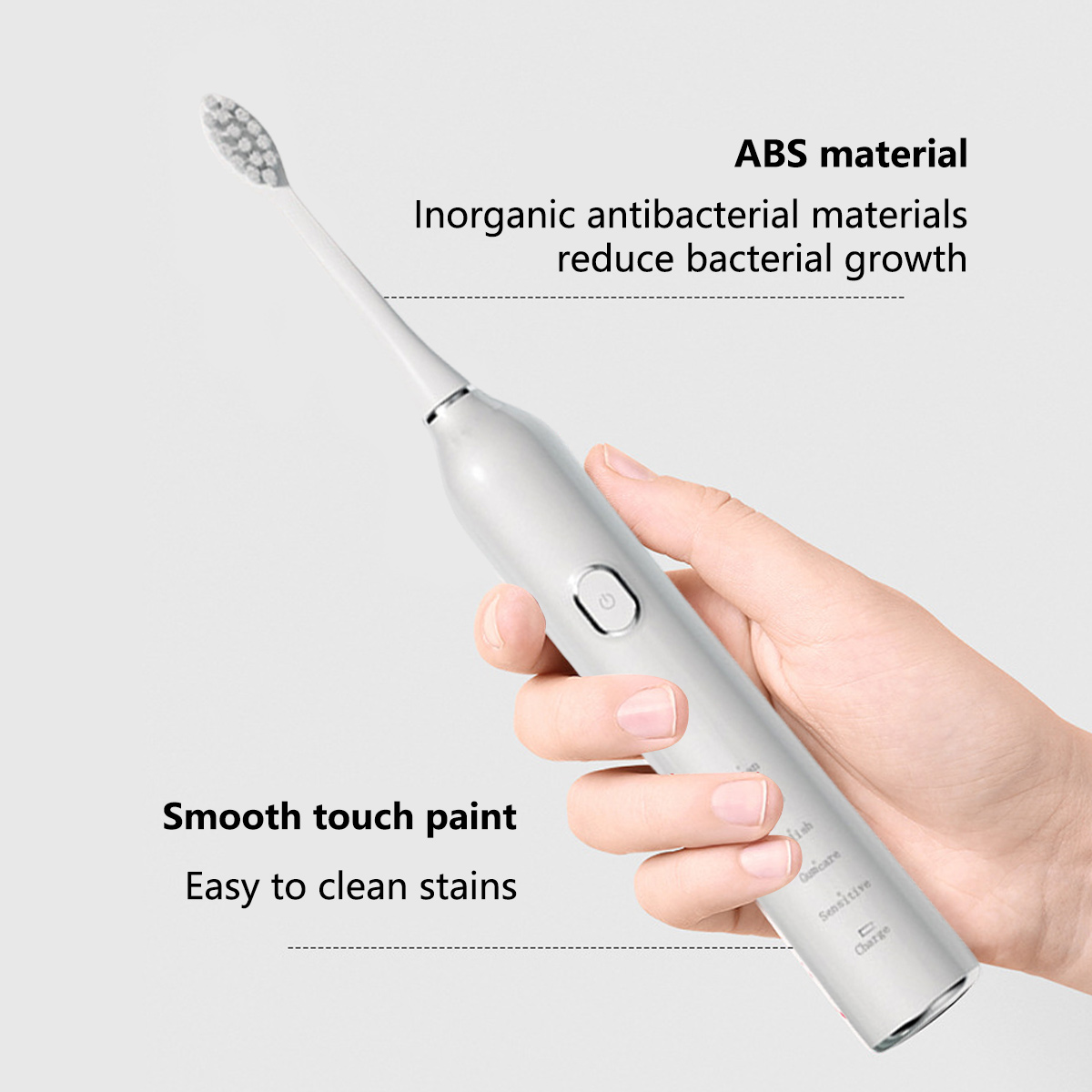 Eine Hand hält eine graue elektrische Zahnbürste. Text weist auf ABS-Material, antibakterielle Eigenschaften und leichte Fleckenentfernung hin.