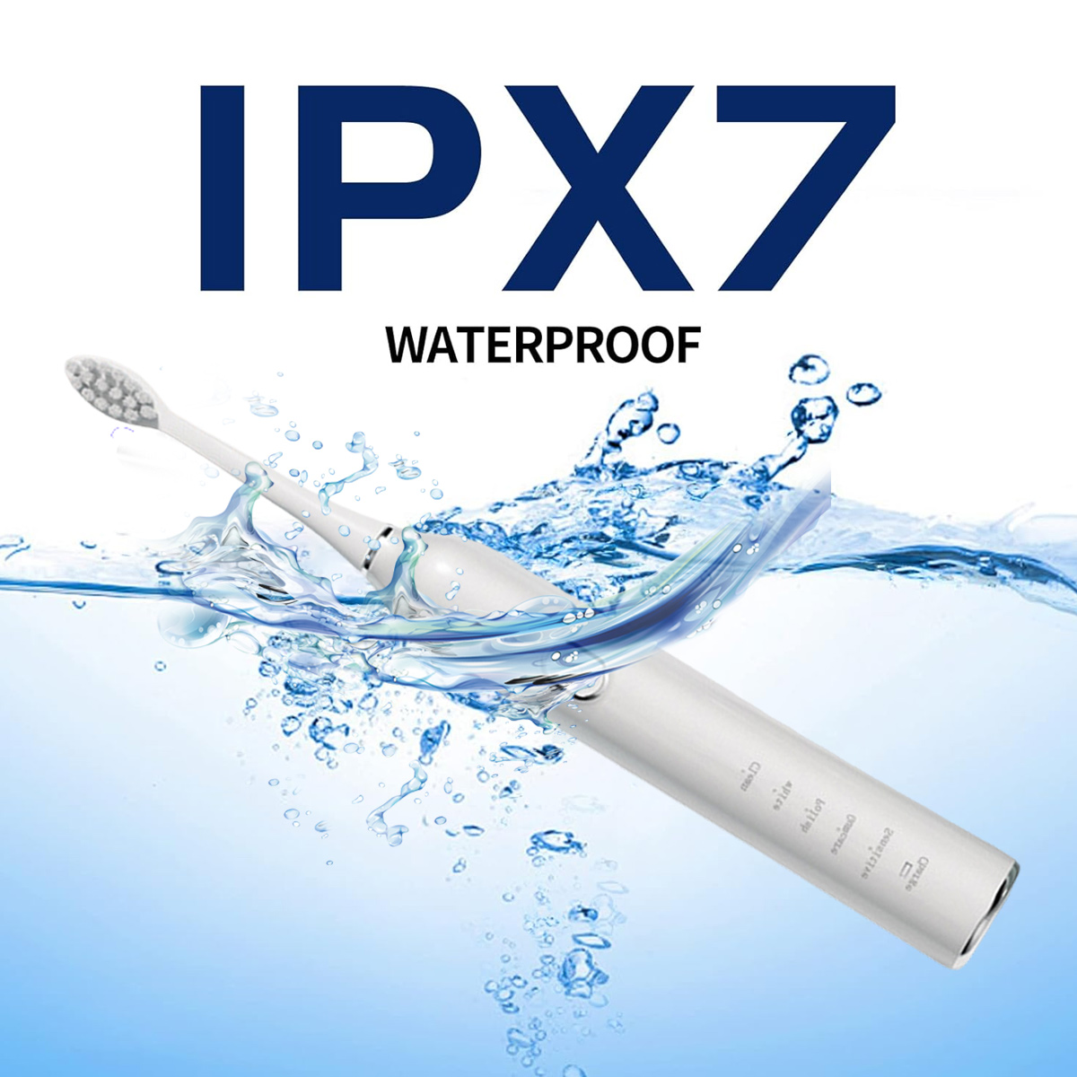 Weiße elektrische Zahnbürste im Wasser, mit Wasserspritzern. Text "IPX7 WATERPROOF" oben.