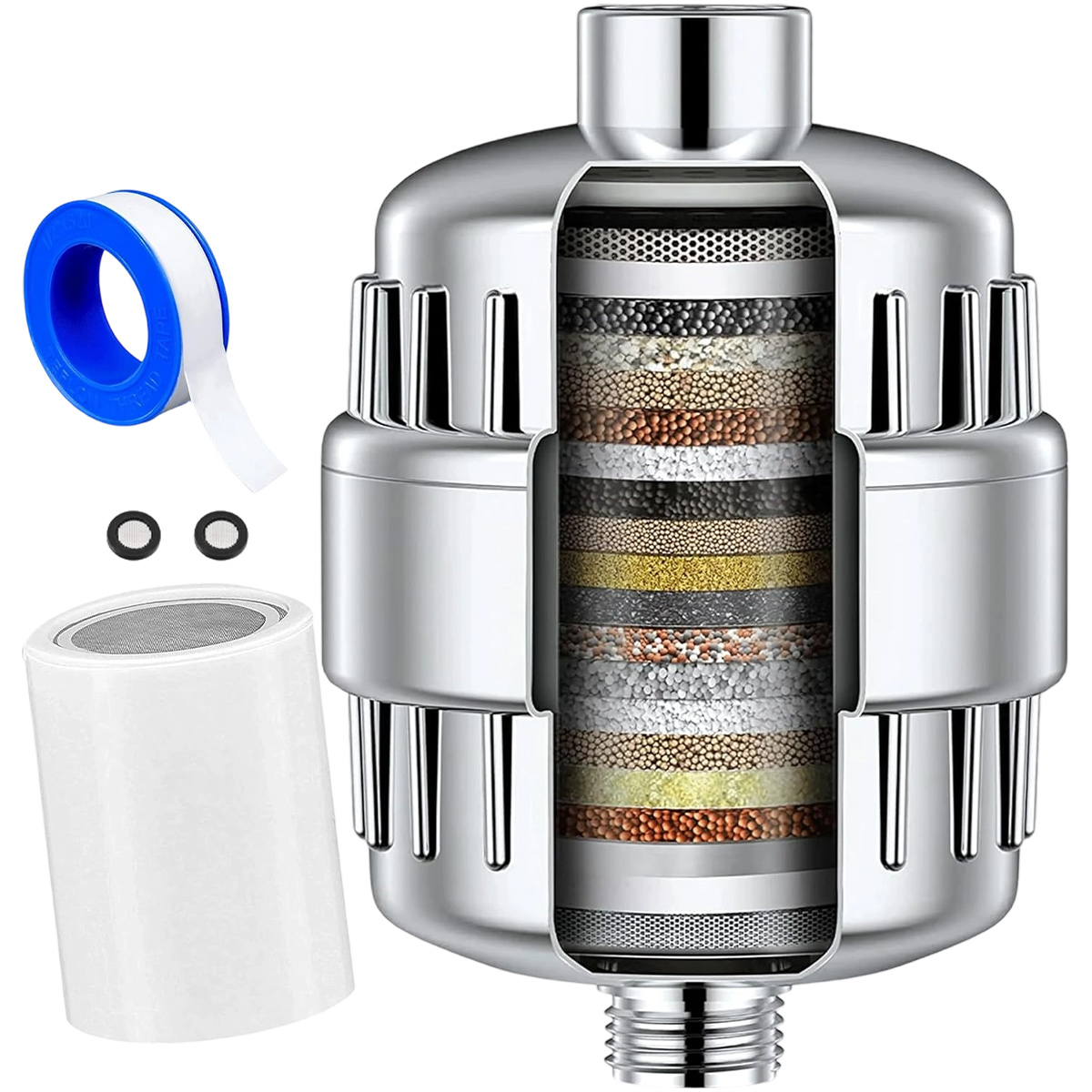 Ein Querschnitt eines Wasserfilters zeigt Schichten von Filtermedien. Zubehör: Teflonband, O-Ringe und ein Filter.