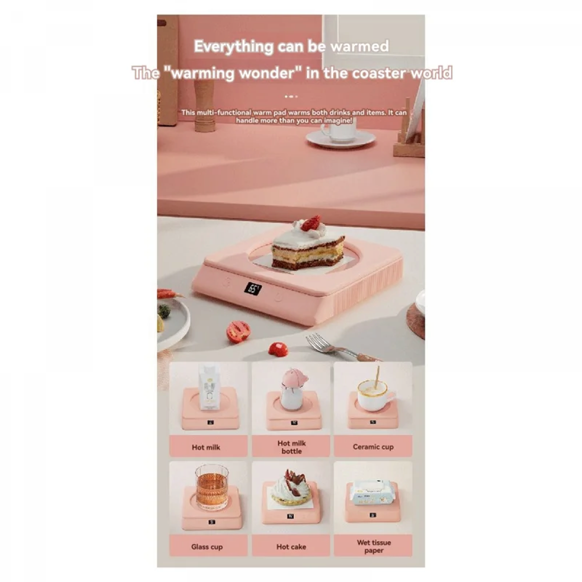 Ein pinkfarbener Untersetzer mit Kuchen, umgeben von Milch, Tassen und Taschentüchern. Text lautet 'Wunder der Erwärmung'.