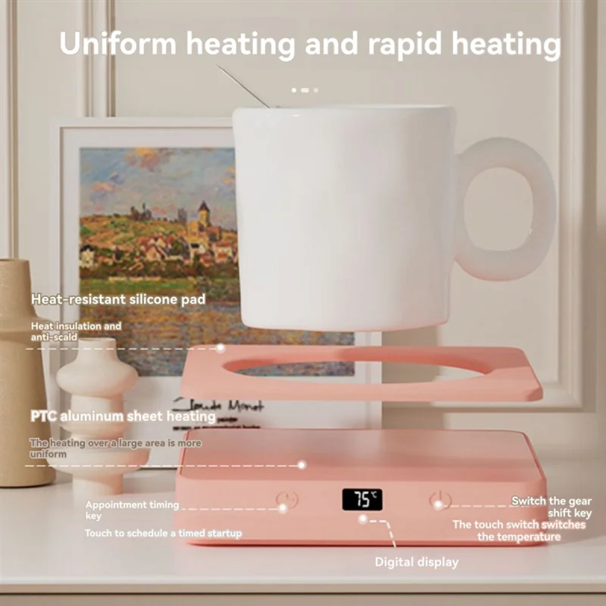 Ein weißer Becher schwebt über einer rosa Heizauflage. Das Pad hat eine Digitalanzeige mit 75 Grad.