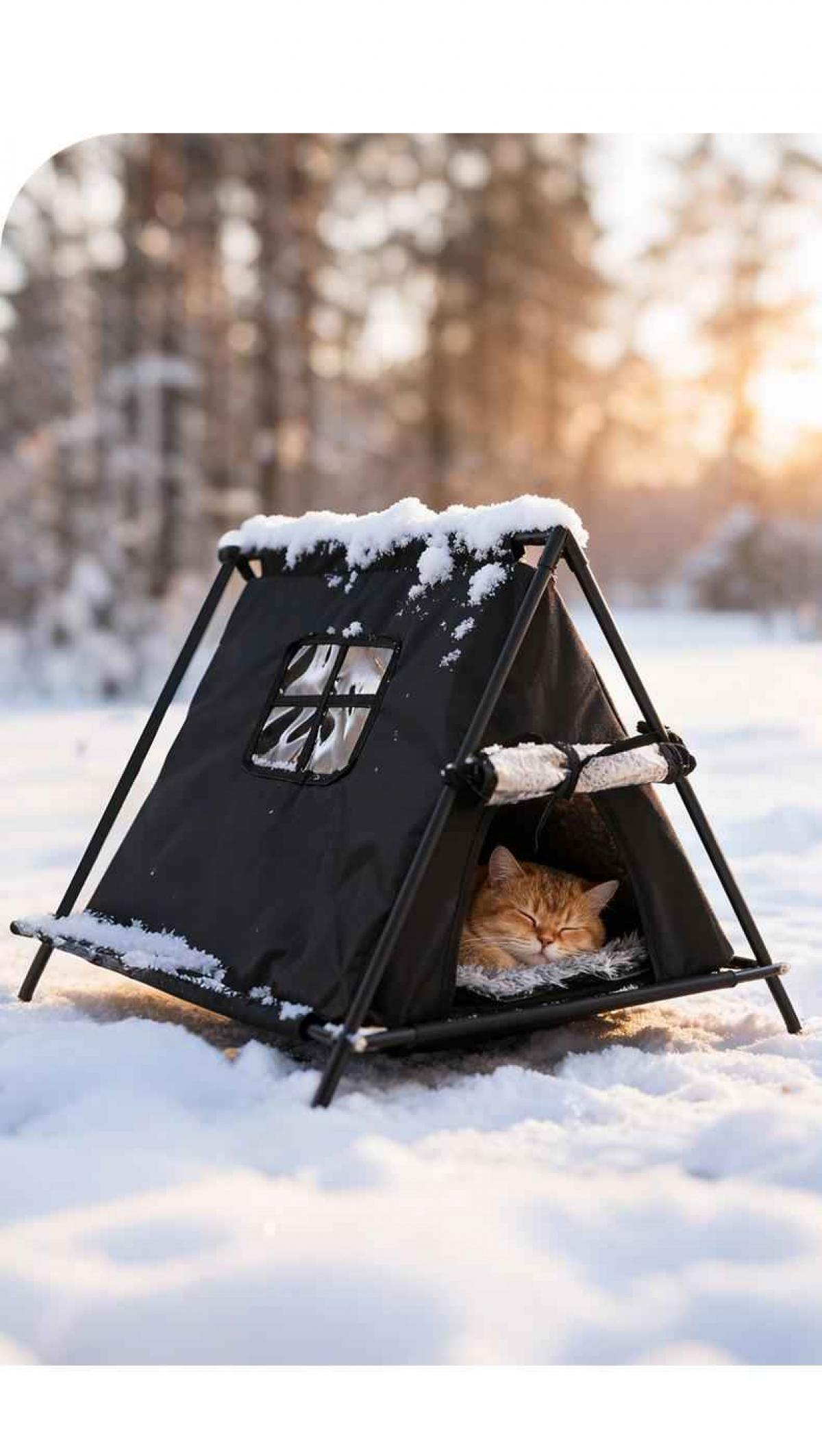 Eine Katze schläft friedlich in einem schwarzen Zelt in einer schneebedeckten Umgebung. Das Zelt hat ein Fenster und ein schneebedecktes Dach.