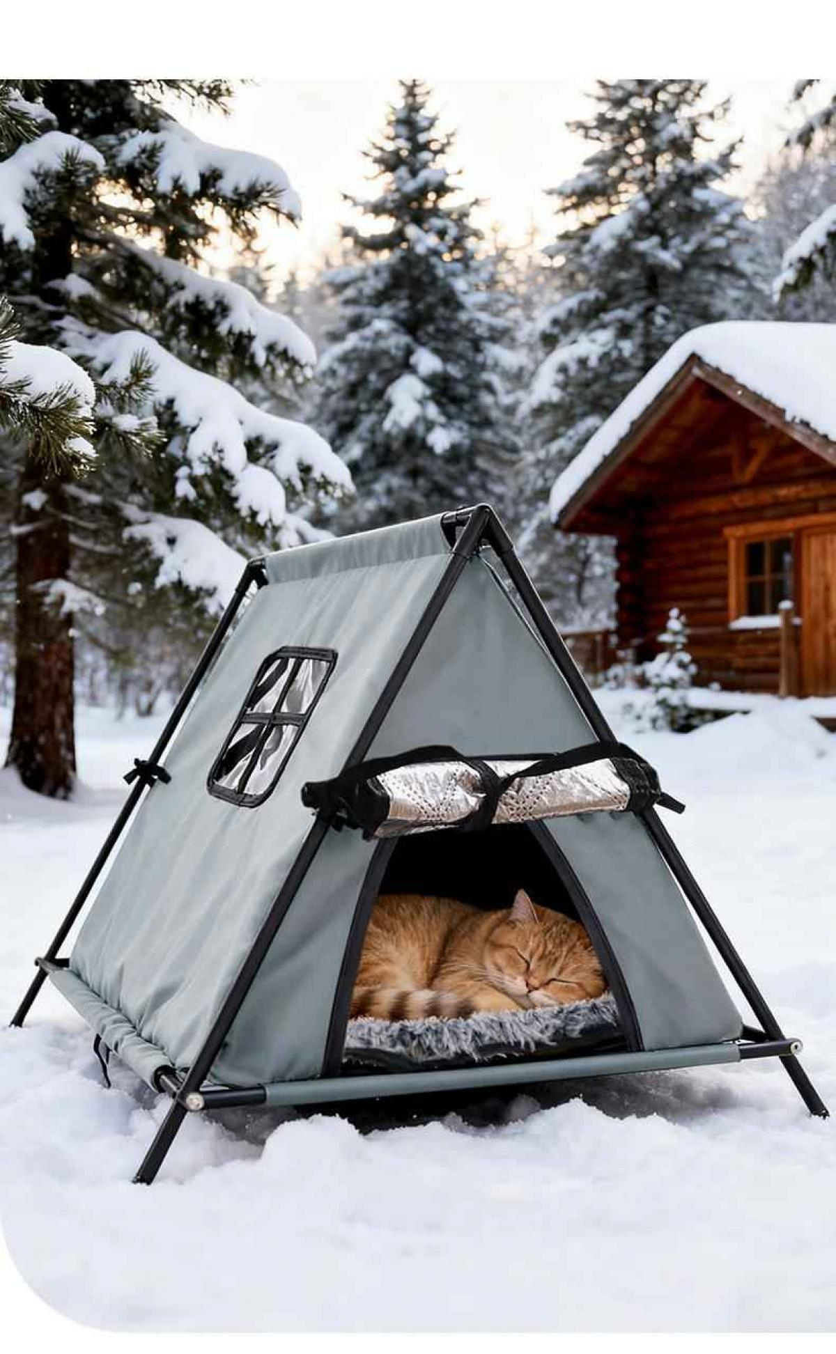Eine Katze schläft in einem zeltartigen Bett im Schnee. Bäume und eine Hütte sind im Hintergrund. Das Zelt ist grau.
