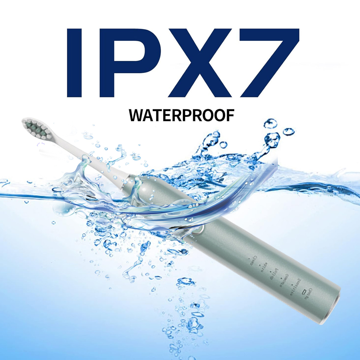 Eine elektrische Zahnbürste, die in Wasser getaucht ist und mit IPX7 Waterproof beschriftet ist. Wassertropfen und -spritzer umgeben die Bürste.