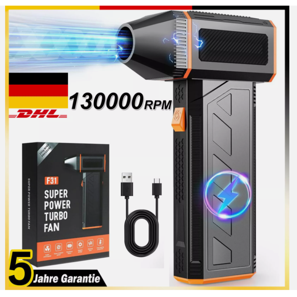 Elektrischer Turbo-Lüfter mit 130000 U/min, DHL-Logo, F31 SUPER POWER TURBO FAN-Text, 5 Jahre Garantie und USB-Kabel.