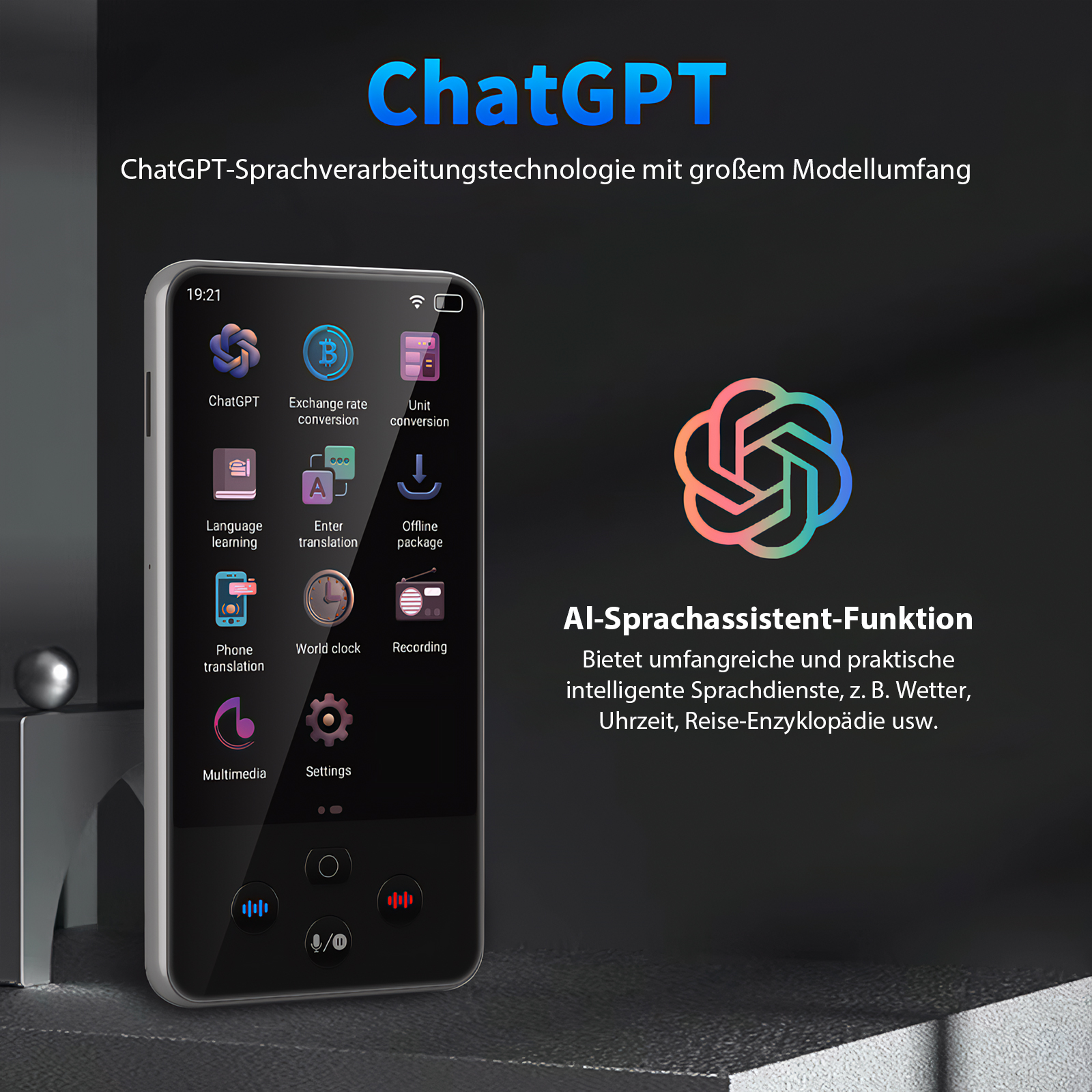 Ein Handheld-Gerät mit ChatGPT-Oberfläche. Symbole umfassen Konvertierung, Übersetzung und Multimedia.
