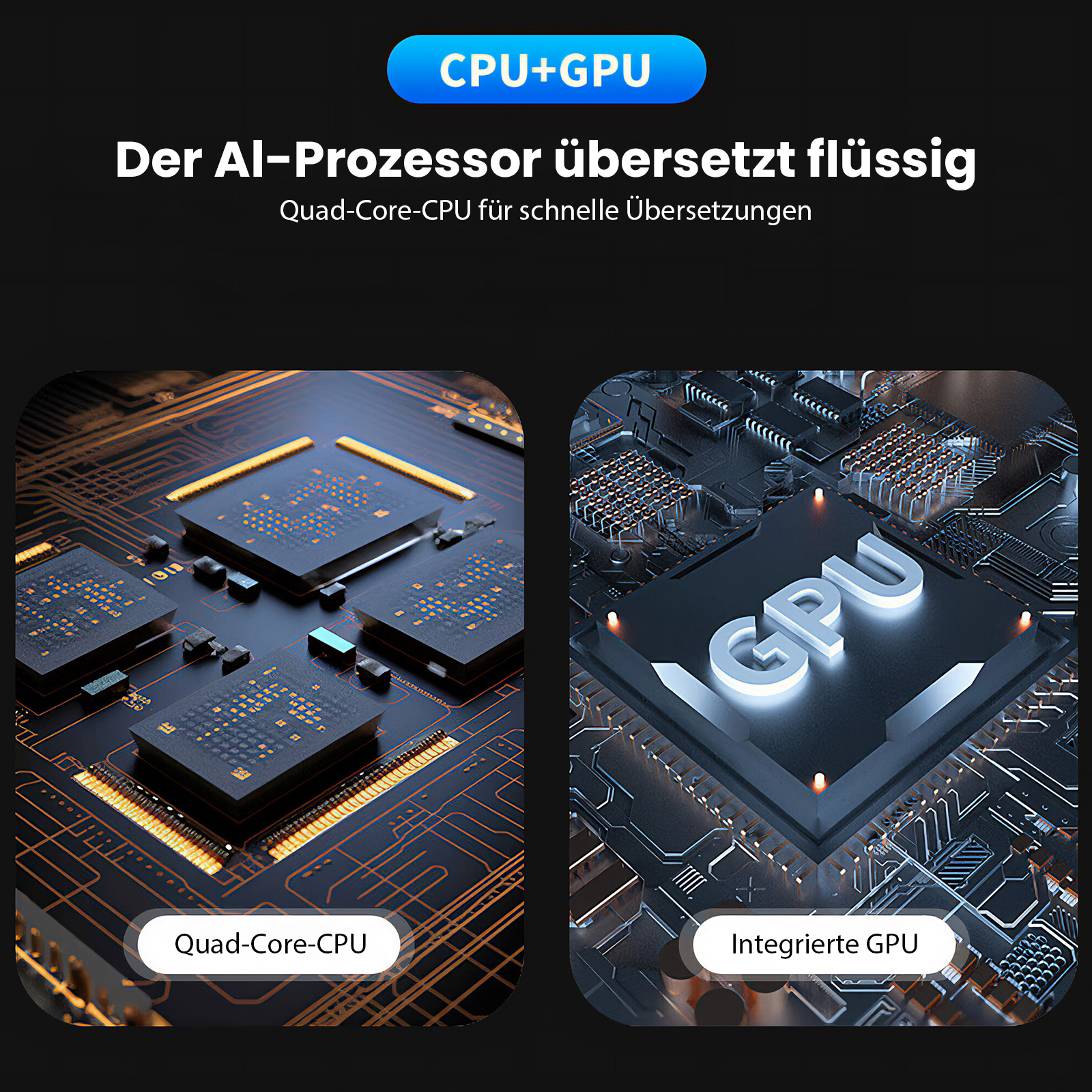 Das Bild zeigt das CPU+GPU-Konzept. Es besteht aus zwei Teilen: Quad-Core-CPU und integrierter GPU, mit schwarzem Hintergrund.