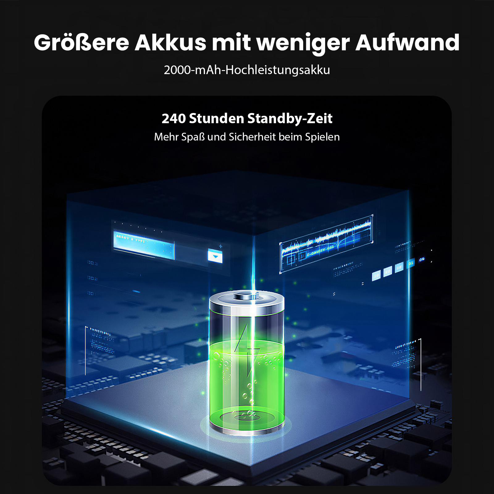 Bild zeigt ein Akkusymbol mit grüner Flüssigkeit, umgeben von blauen digitalen Grafiken, die eine längere Akkulaufzeit fördern.