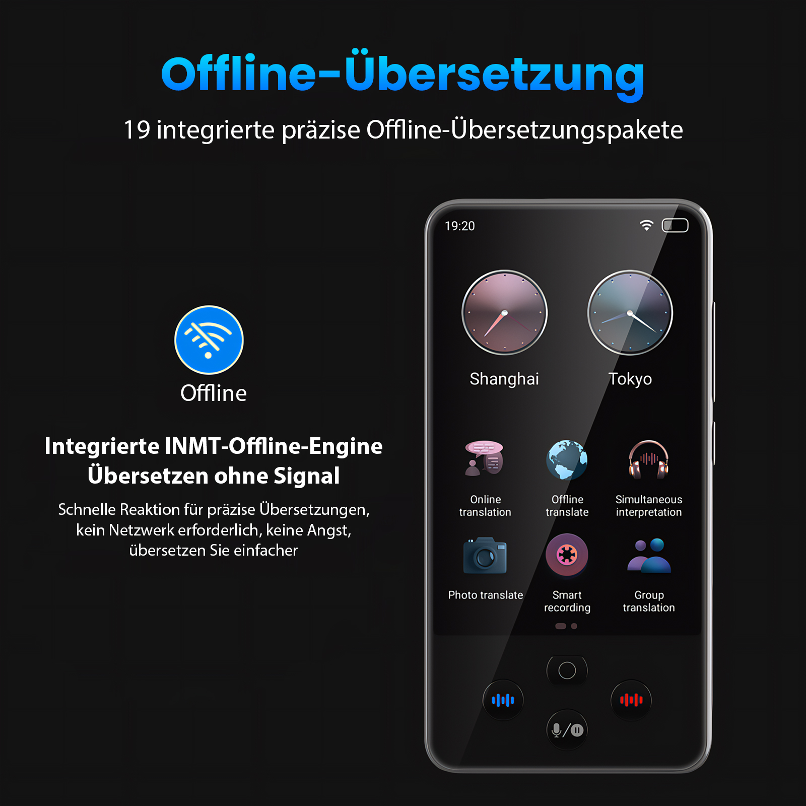 Eine Telefonschnittstelle zeigt Übersetzungsoptionen an, darunter Online-, Offline-, Foto- und Gruppenübersetzung und eine Uhr.